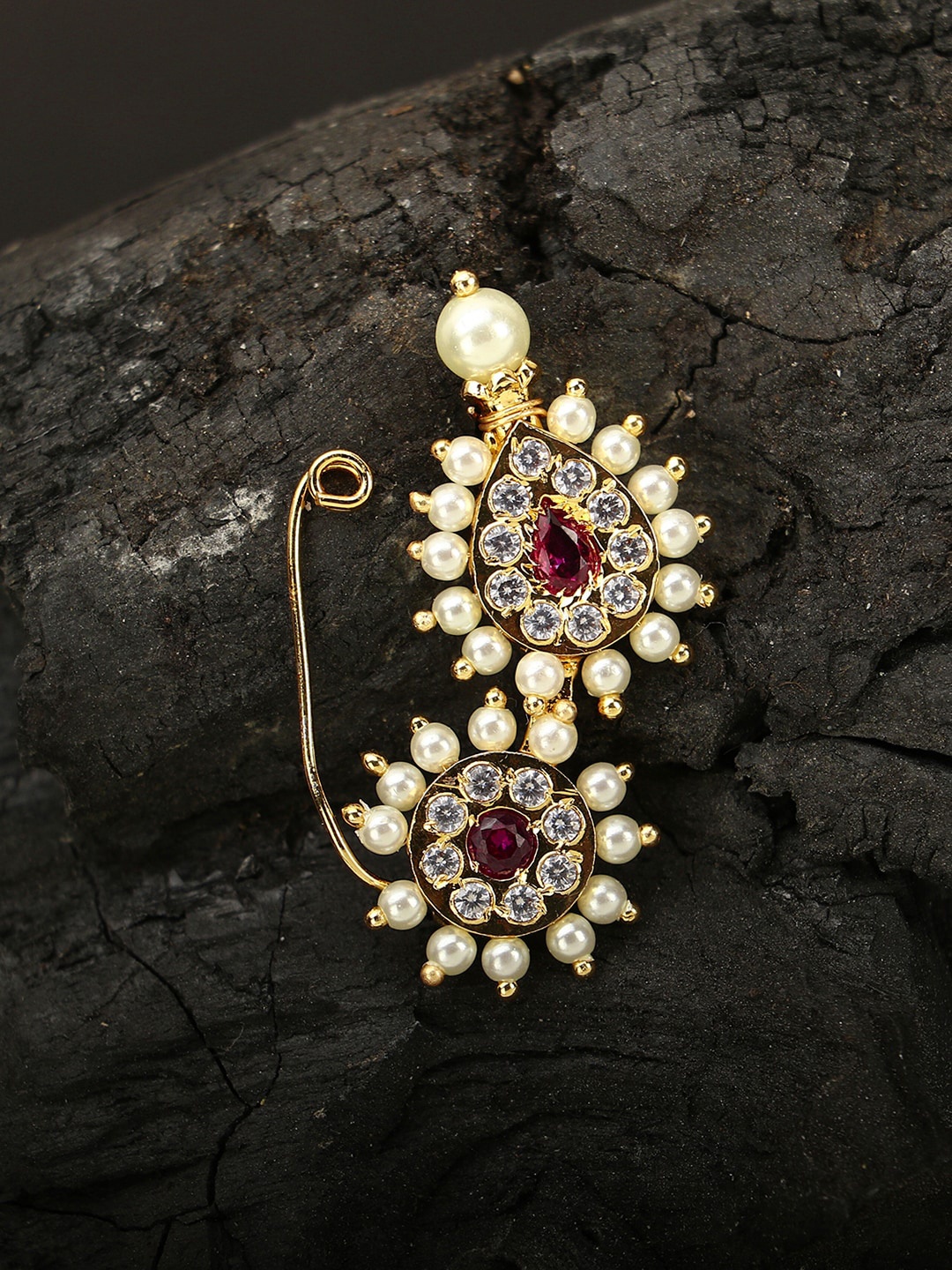 

Adwitiya Collection 24K Gold-Plated & Maroon CZ Stone-Studded Clip-On Nosepin