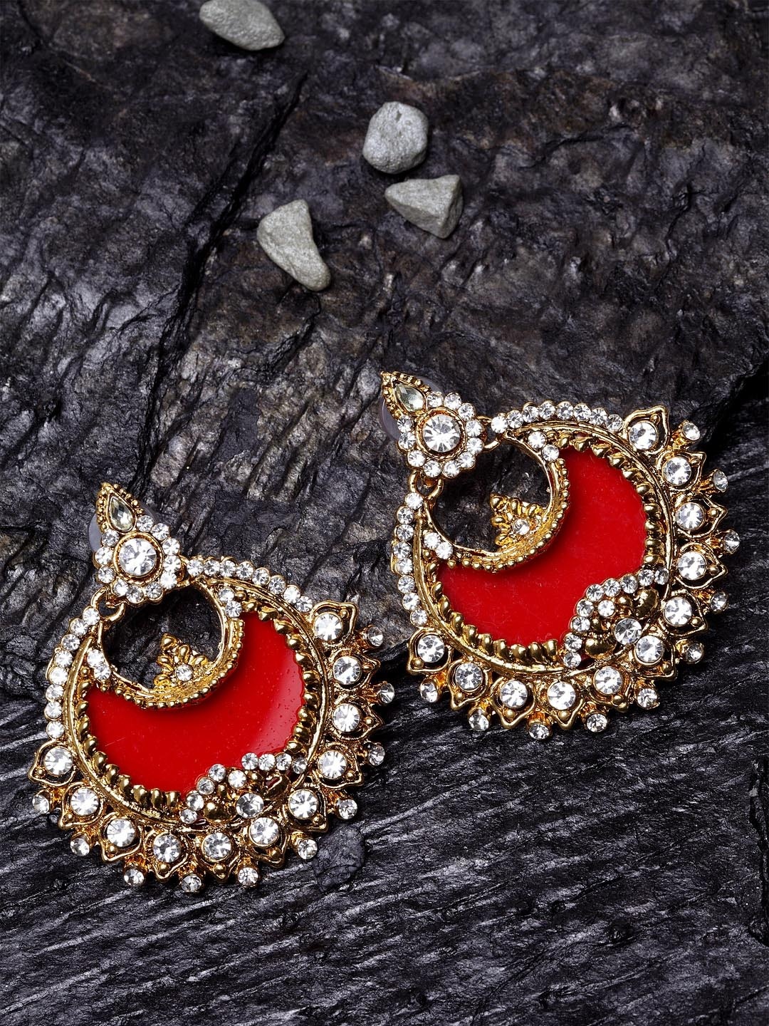 

ANIKAS CREATION Gold-Plated & Red Crescent Shaped Chandbalis