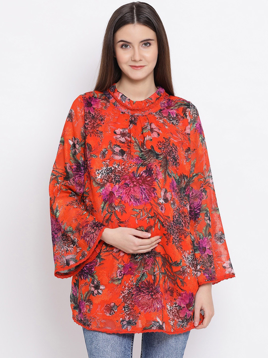 

Oxolloxo Women Orange Printed Maternity Top