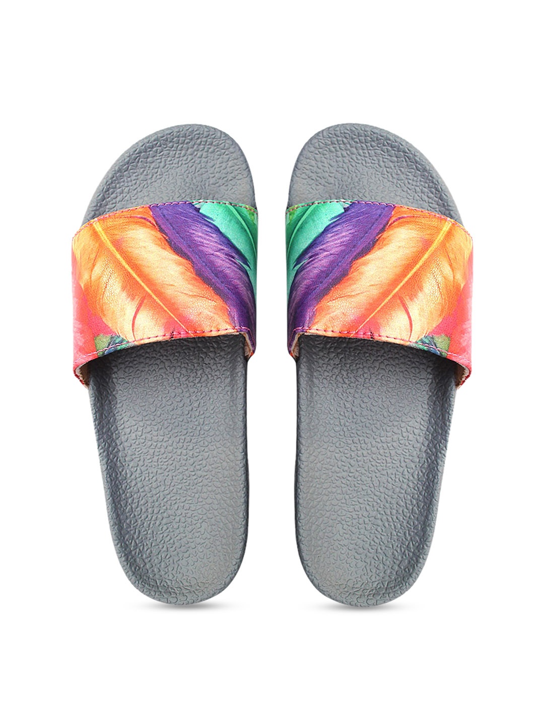

FREECO Women Grey & Orange Printed Sliders