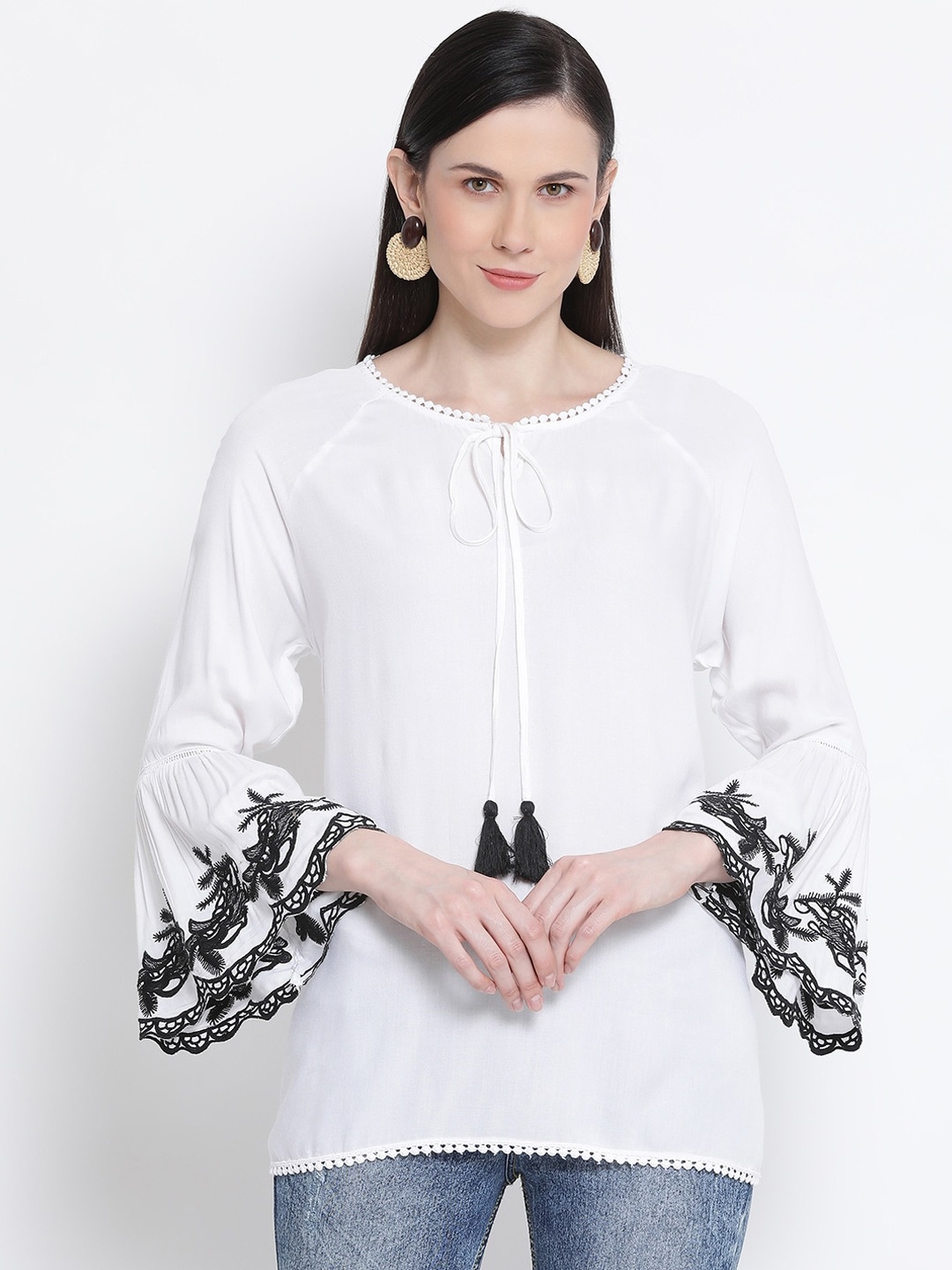 

Oxolloxo Women White Solid A-Line Top with Embroidery