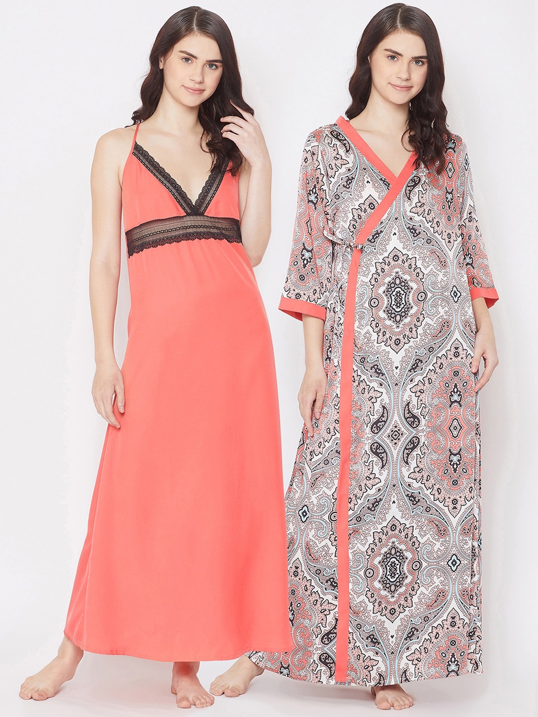 

Clovia Orange & White Set of 2 Printed Long Nighty & Robe Set