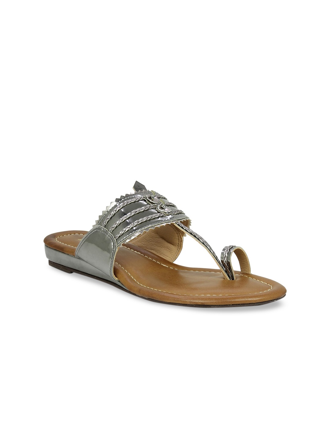 

Inc 5 Women Gunmetal-Toned Solid T-Strap Flats, Metallic