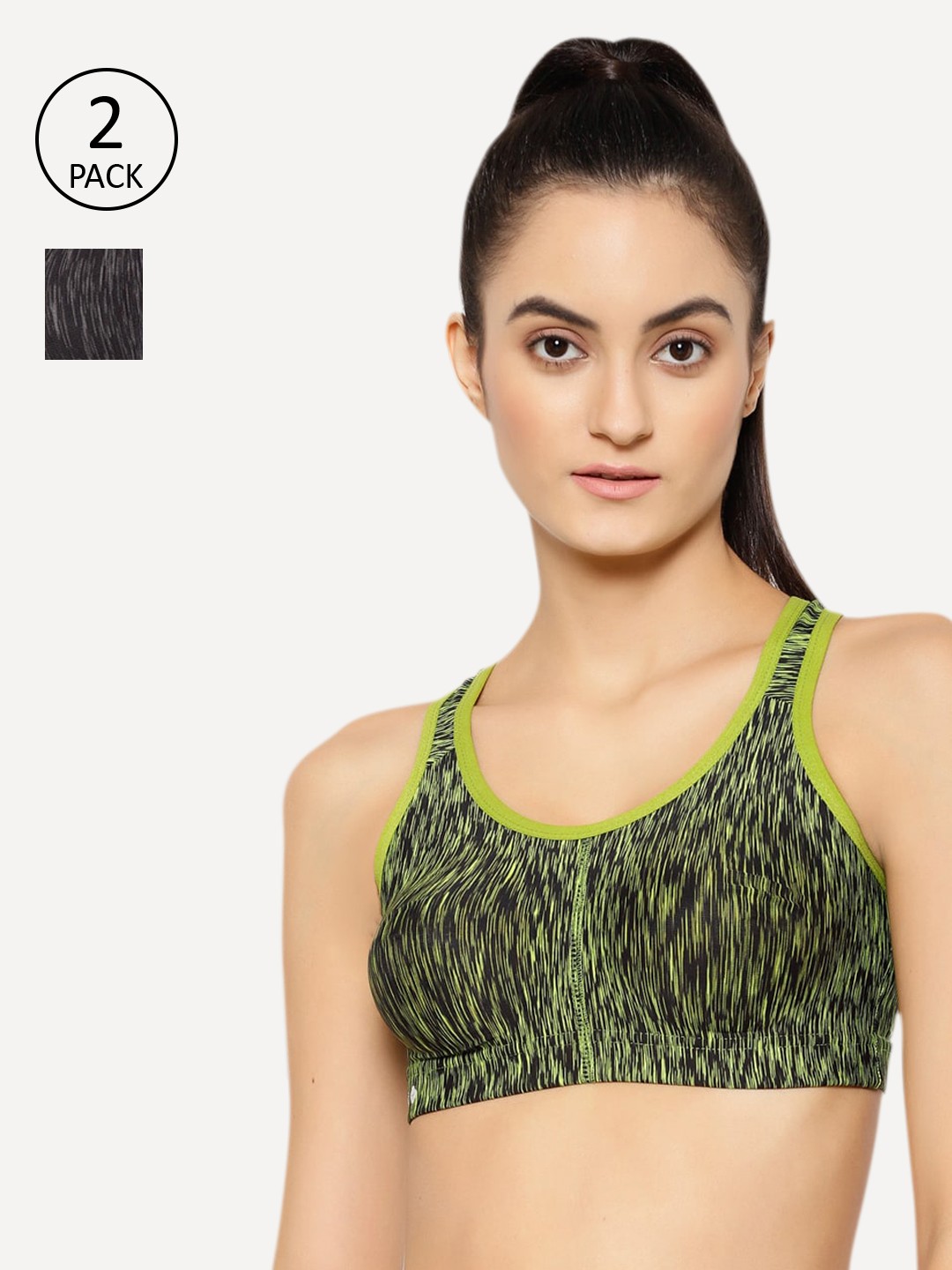 Floret Pack Of 2 Printed Non-Wired Lightly Padded Workout Bra T3066, Charcoal