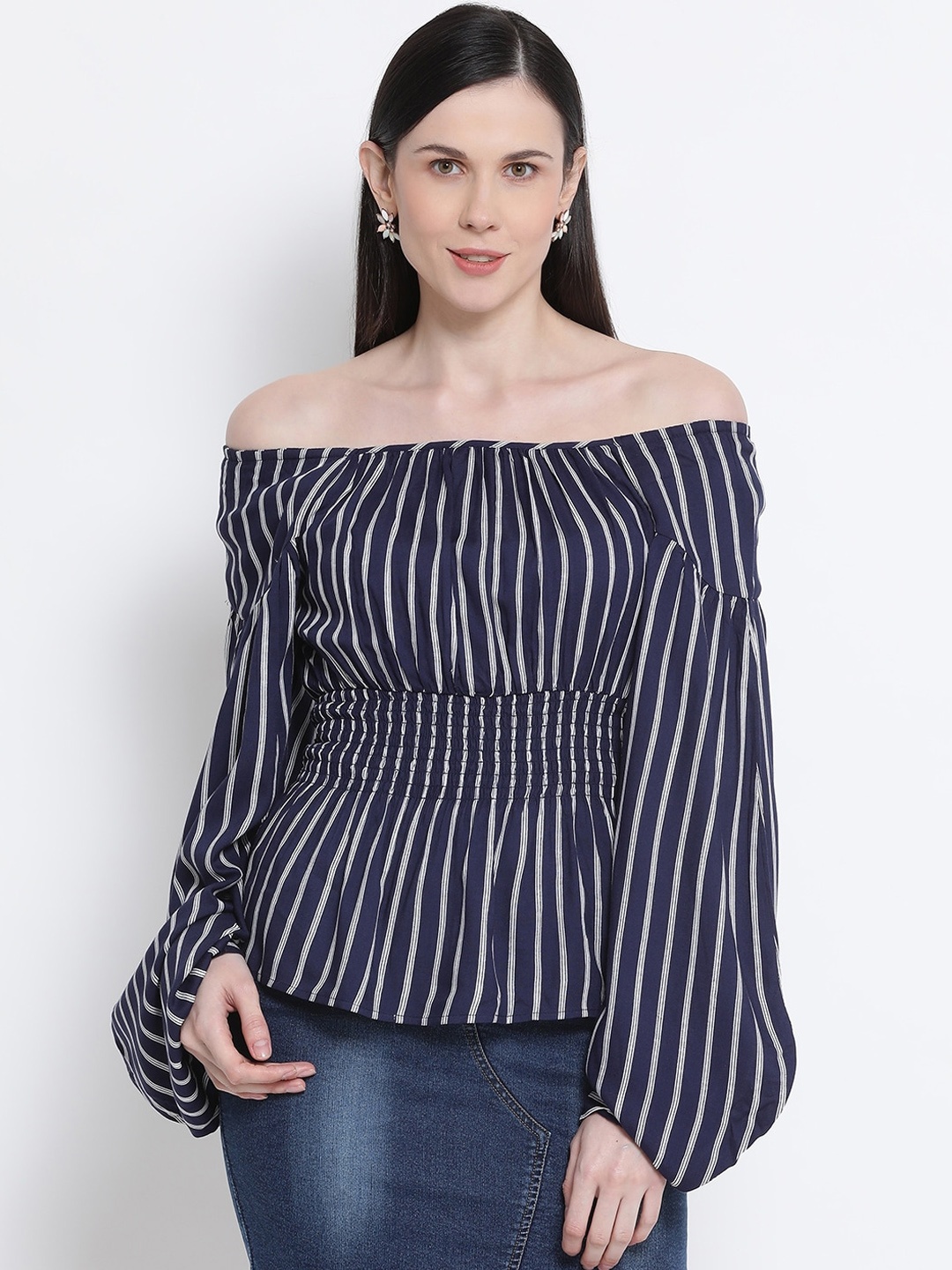 Oxolloxo Women Navy Blue Striped Cinched Waist Top