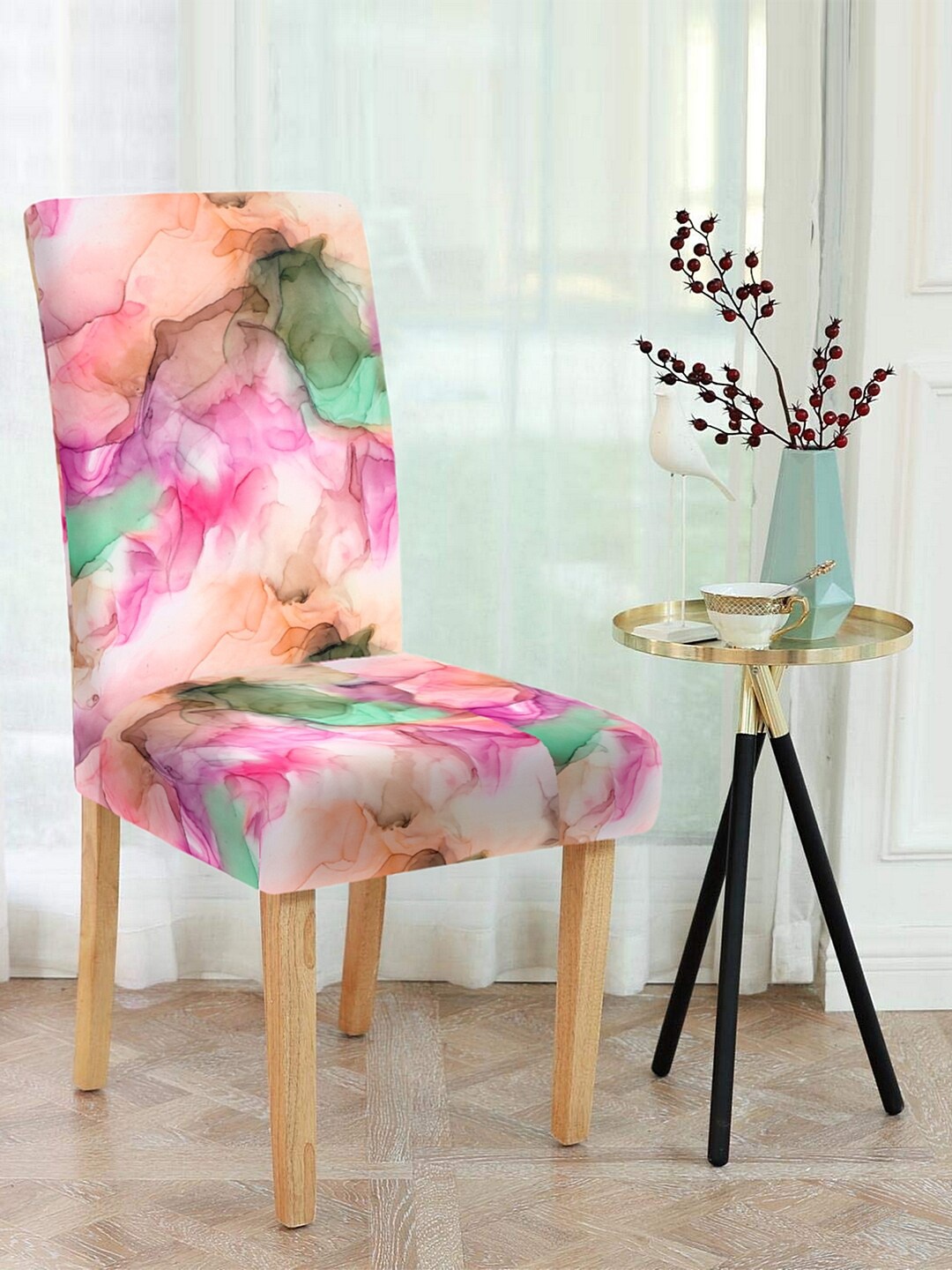 Cortina Set Of 4 Pink & Green Printed Chair Covers
