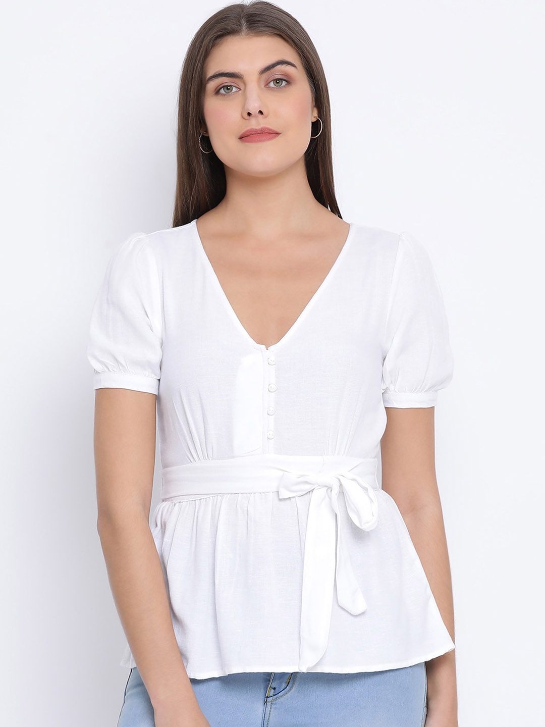 

Oxolloxo Women White Solid Cinched Waist Top