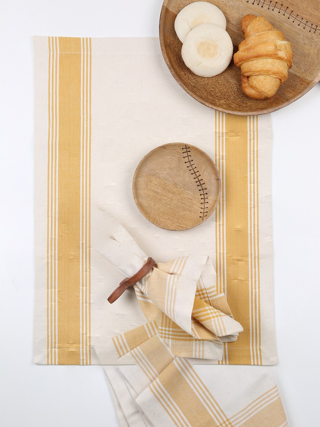 

ellementry Mustard Yellow & Beige Set Of 6 Striped Border Table Placemats