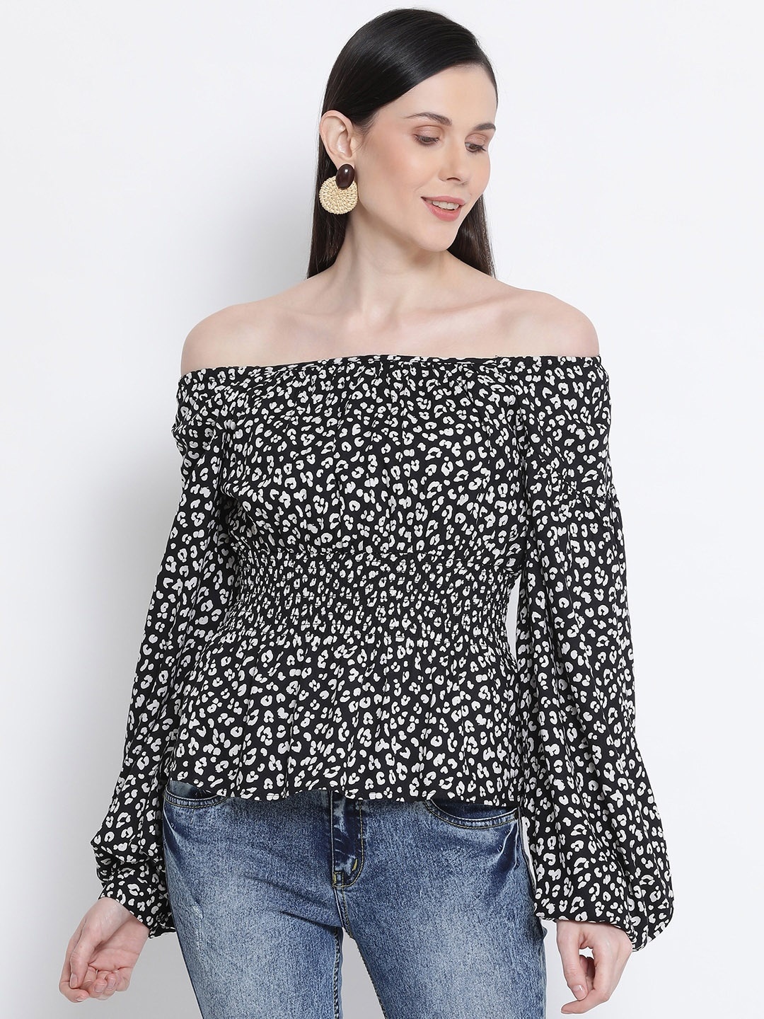 

Oxolloxo Women Black & White Printed Bardot Top