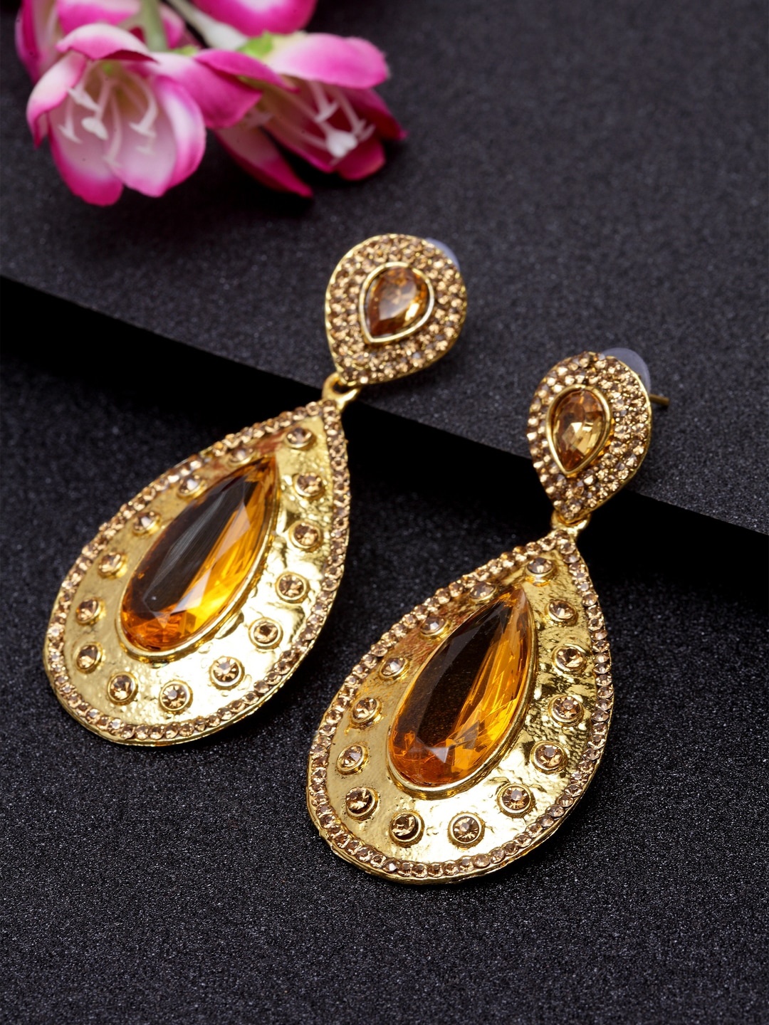 

ANIKAS CREATION Gold-Plated Teardrop Shaped Drop Earrings