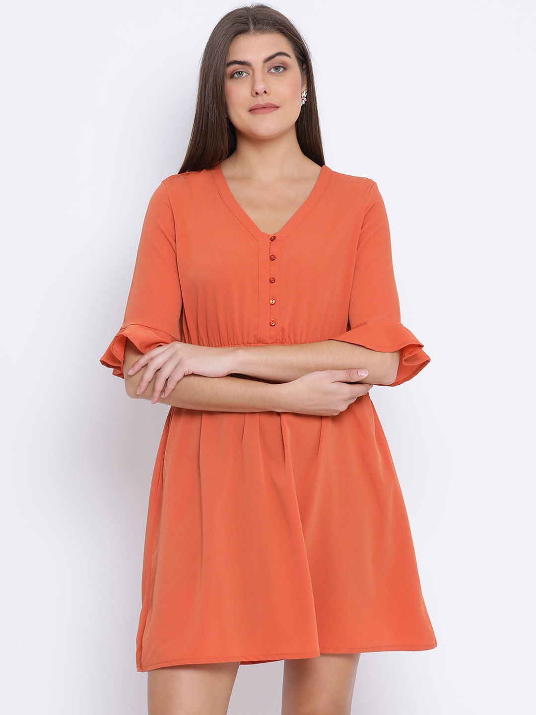 

Oxolloxo Women Orange Solid Fit and Flare Dress