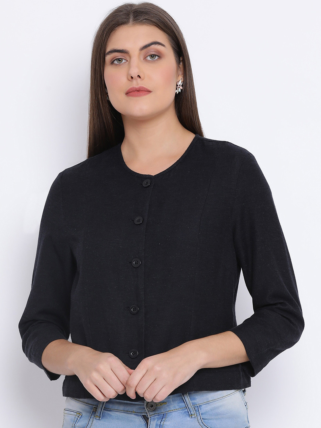 

Oxolloxo Women Black Solid Tailored Jacket