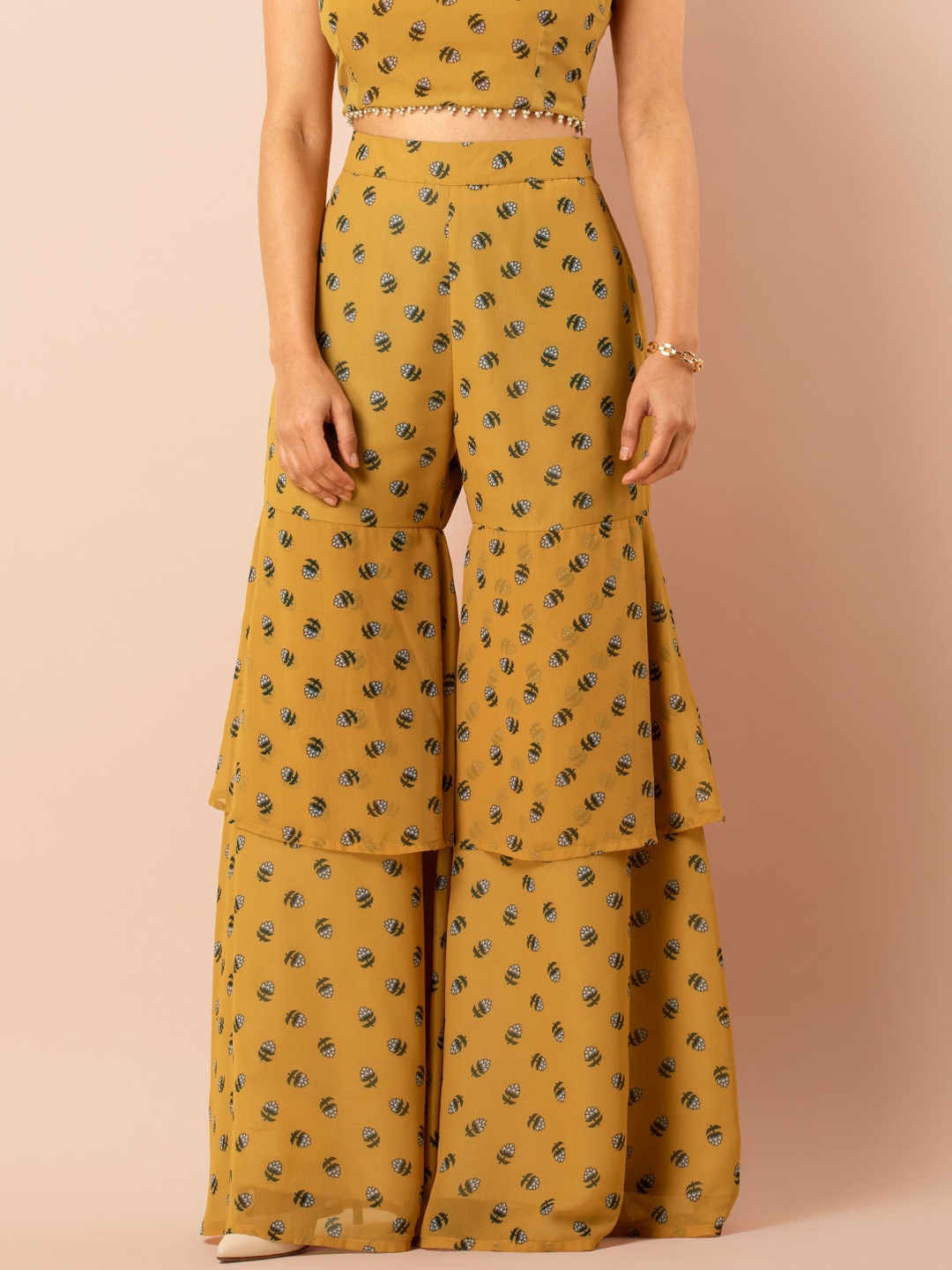 

INDYA Women Mustard Yellow & Green Floral Print Flared Palazzos
