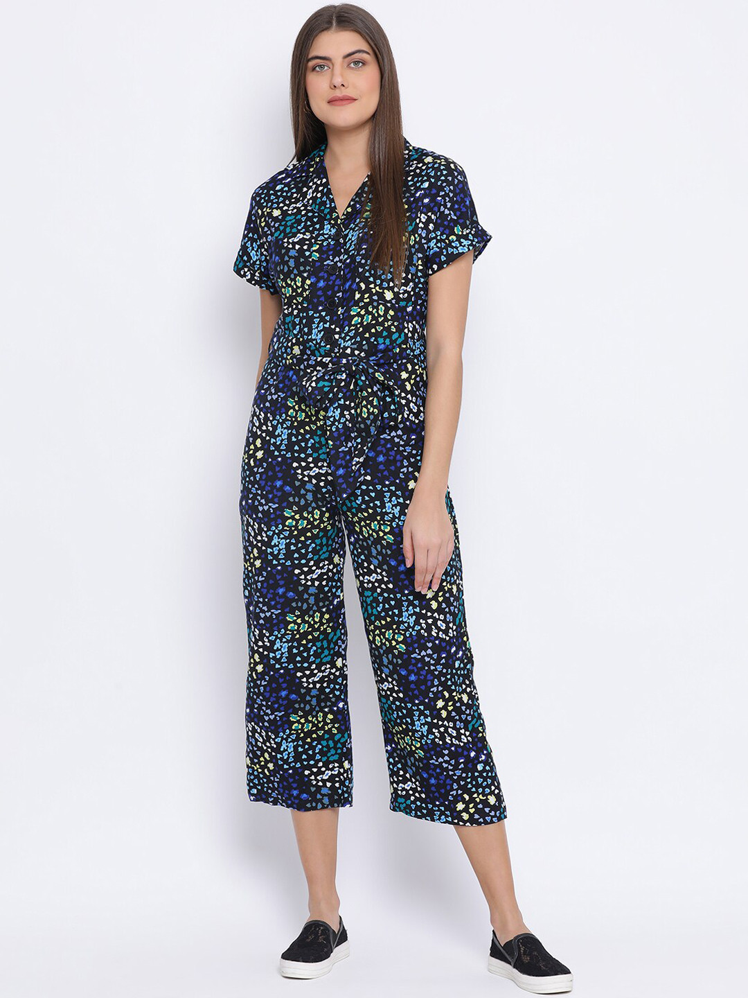 

Oxolloxo Women Navy Blue & Yellow Printed Cotton Basic Jumpsuit