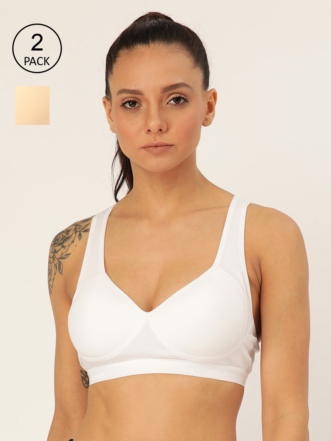

Lady Lyka Pack of 2 Solid Non-Wired Lightly Padded Workout Bras PROVOGUE-SKN-WHT, Beige