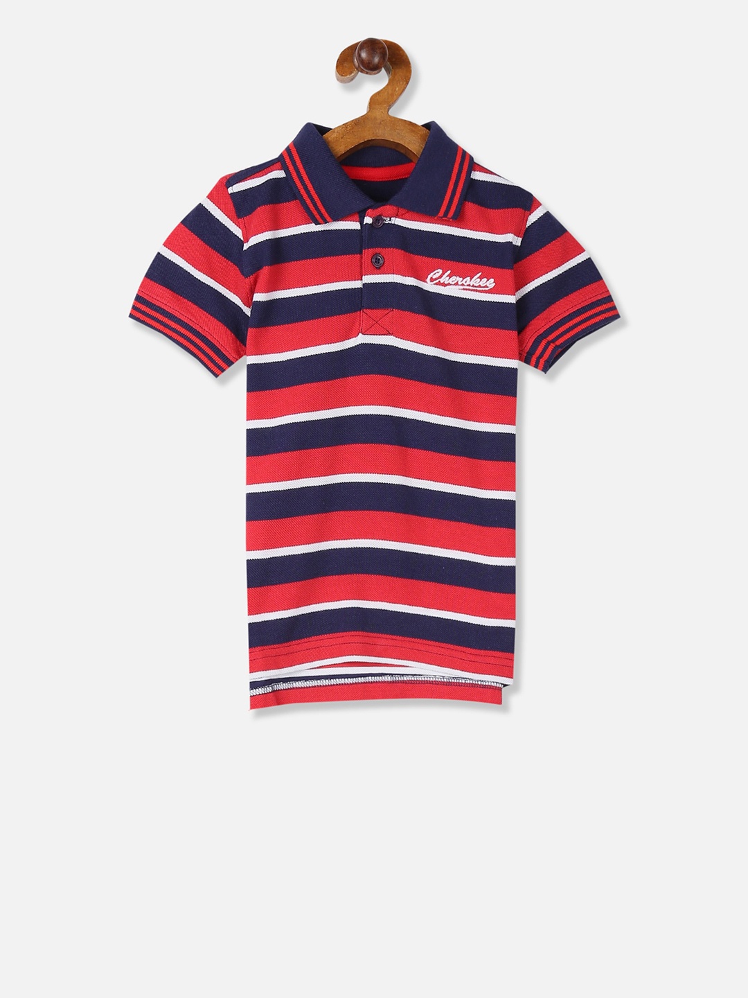 

Cherokee Boys Red & Navy Blue Striped Polo Collar T-shirt