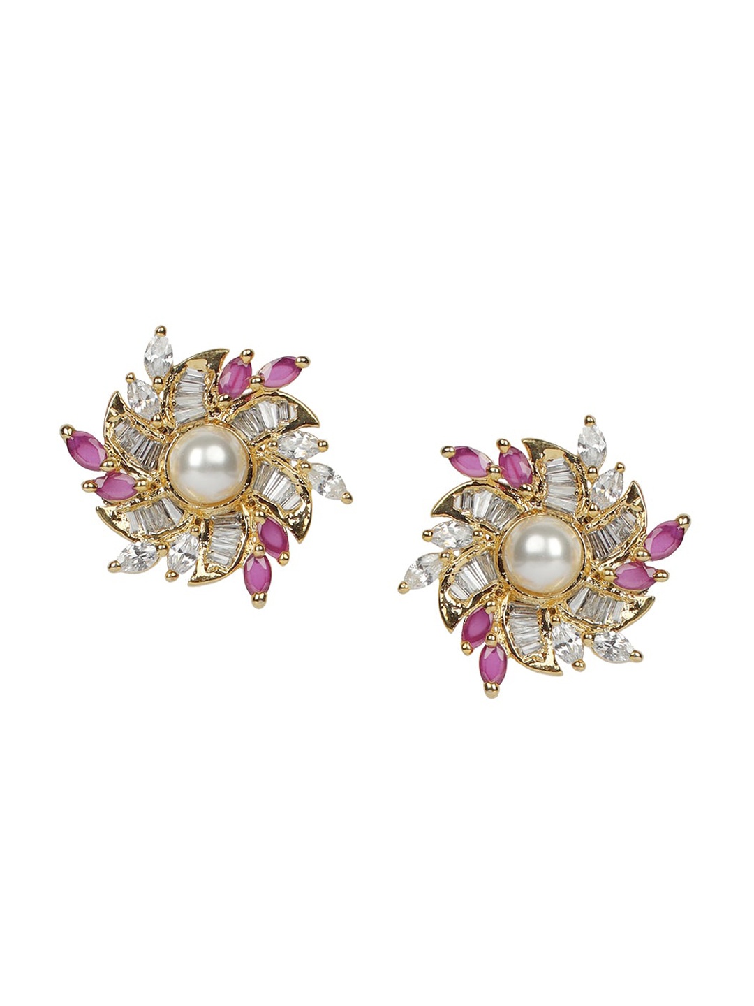 

ANIKAS CREATION Gold-Plated & Pink AD Floral Studs