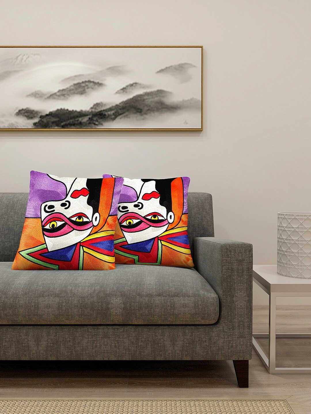 

KLOTTHE Set Of 2 Orange & Purple Embroidered Square Cushions