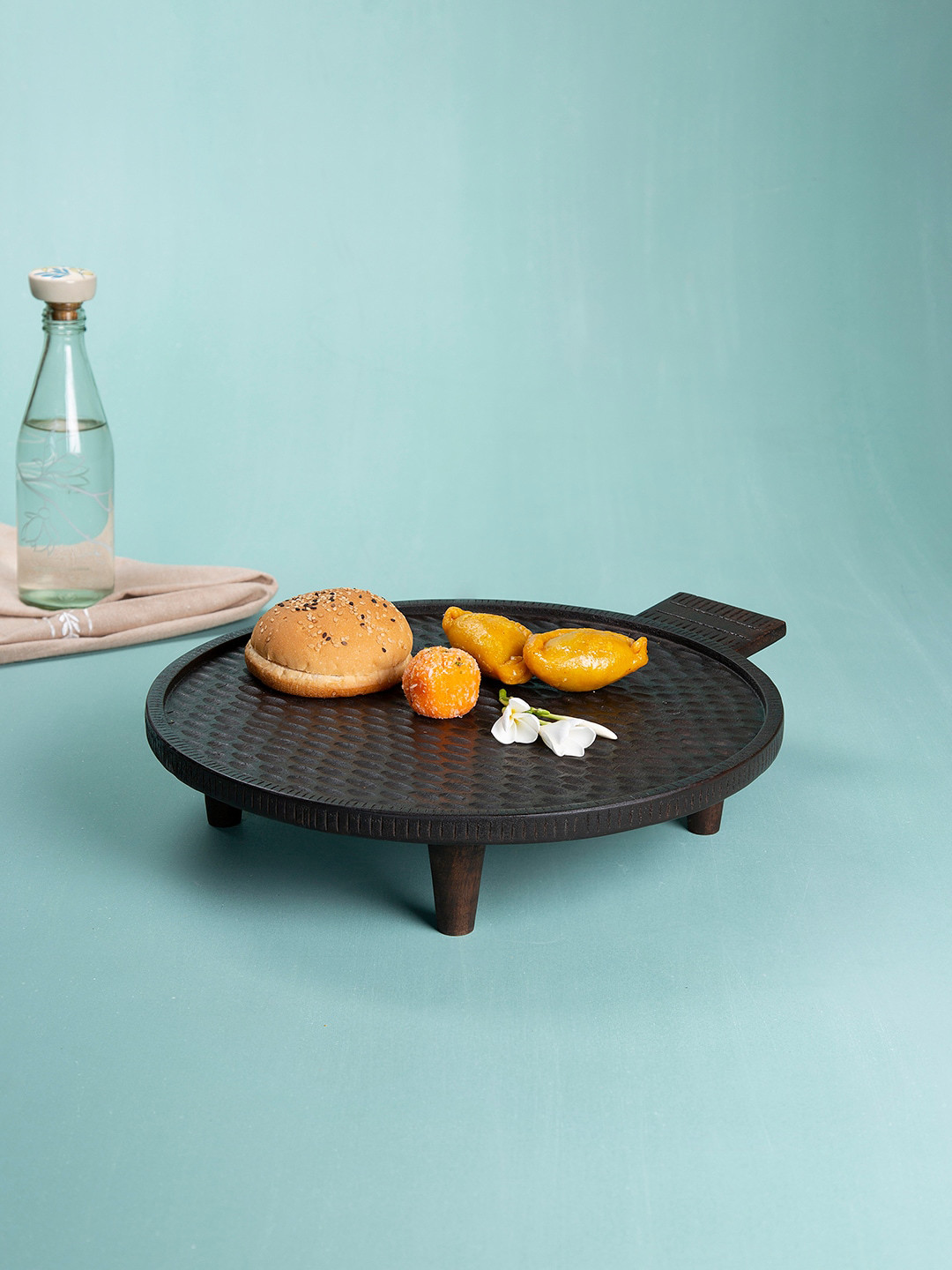 

ellementry Brown Mango Wood Round Platter Tray With Legs