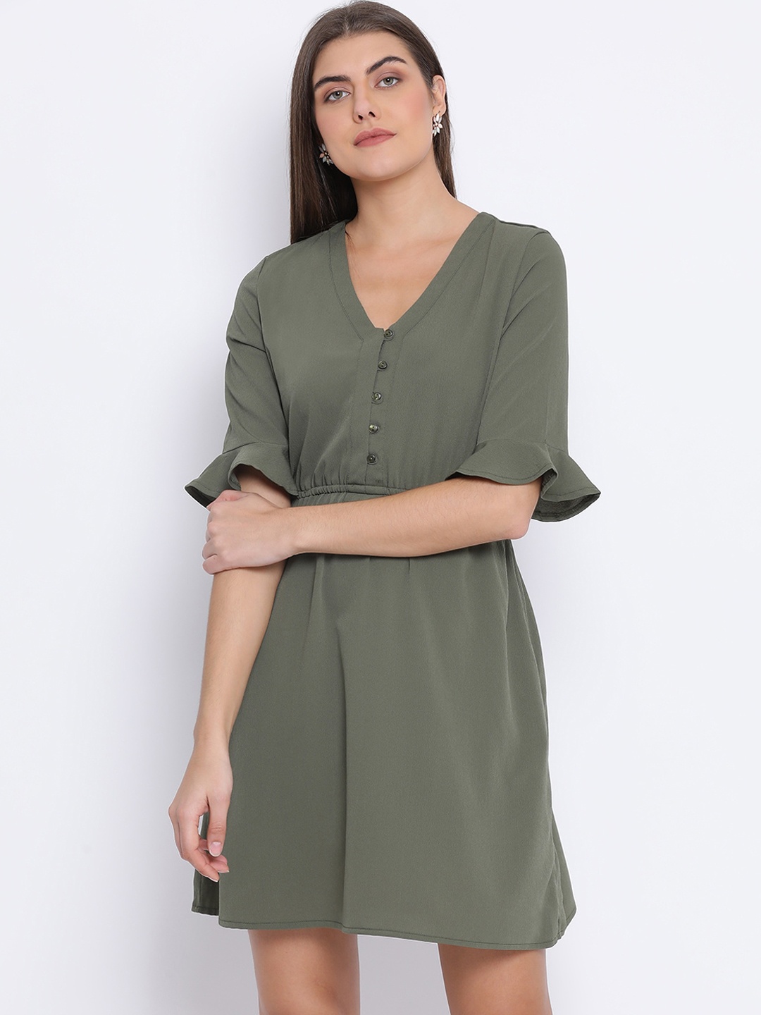 Oxolloxo Women Green Solid Fit and Flare Dress