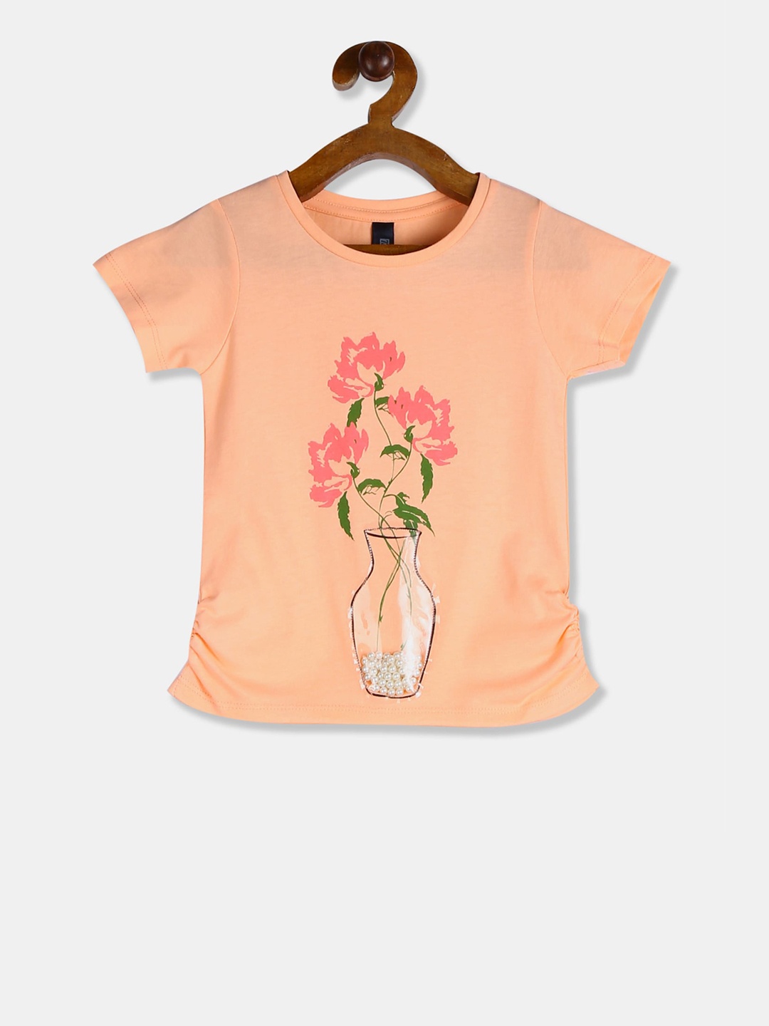 

Cherokee Girls Peach-Coloured Printed Round Neck T-shirt