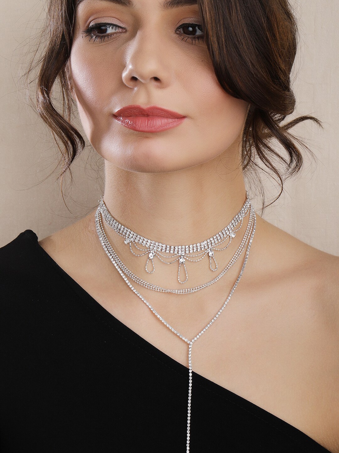 

Rubans Silver Plated Handcrafted Rhinestone Layered Necklace