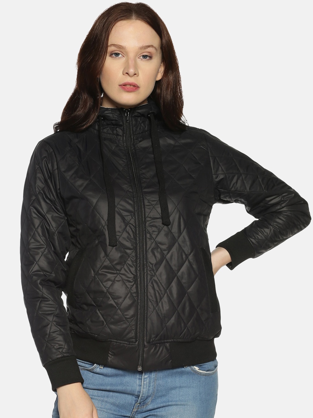 Campus Sutra Women Black Solid Windcheater Quilted Jacket