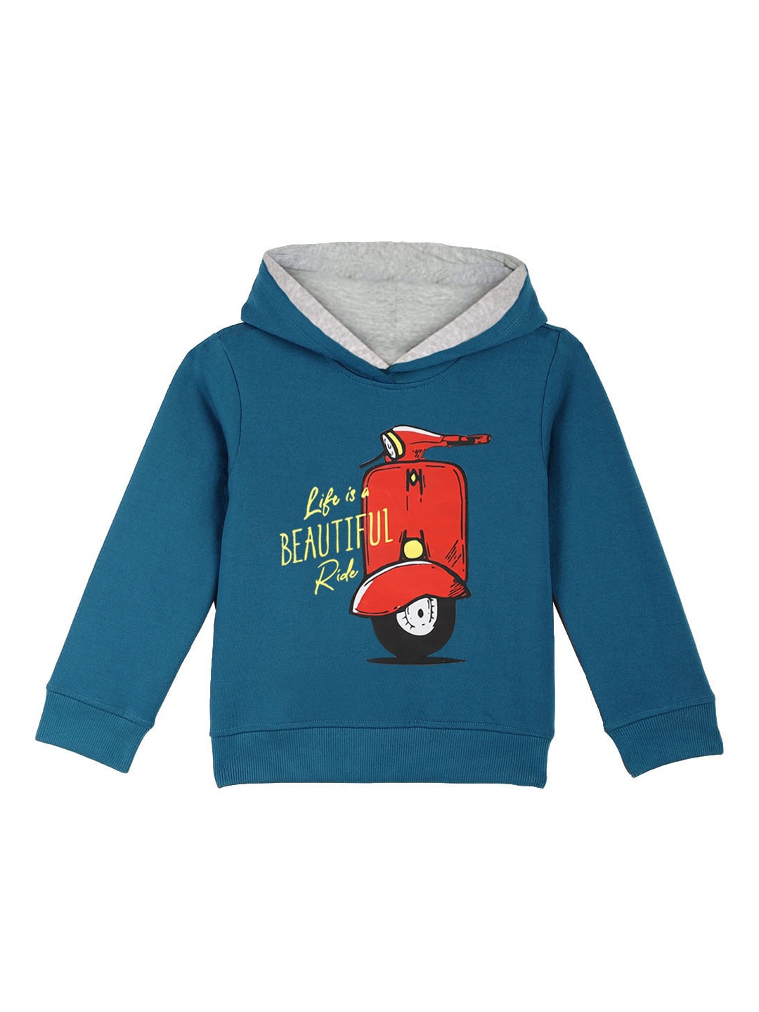 

Naughty Ninos Girls Teal Blue & Red Printed Hooded Sweatshirt