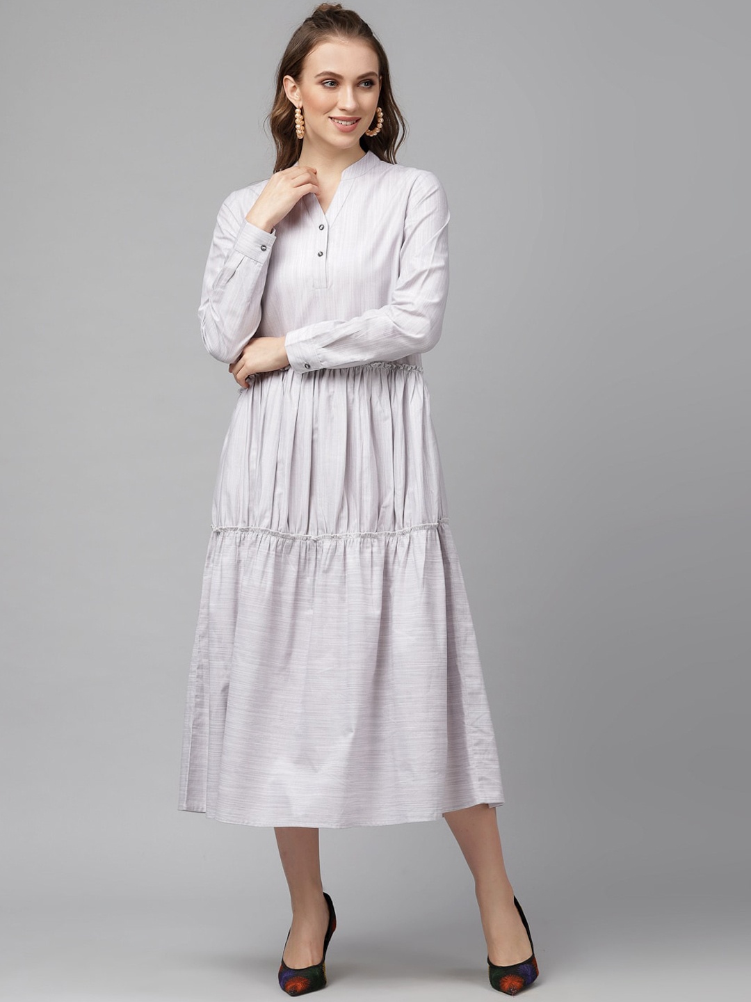

KASSUALLY Women Grey Striped A-Line Dress