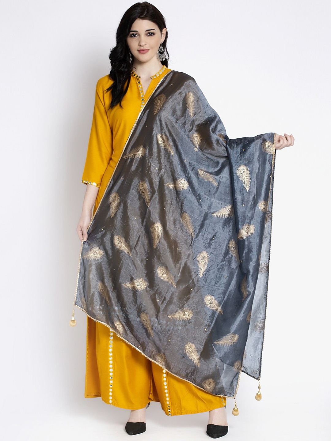 Clora Creation Women Grey & Gold-Coloured Printed Dupatta