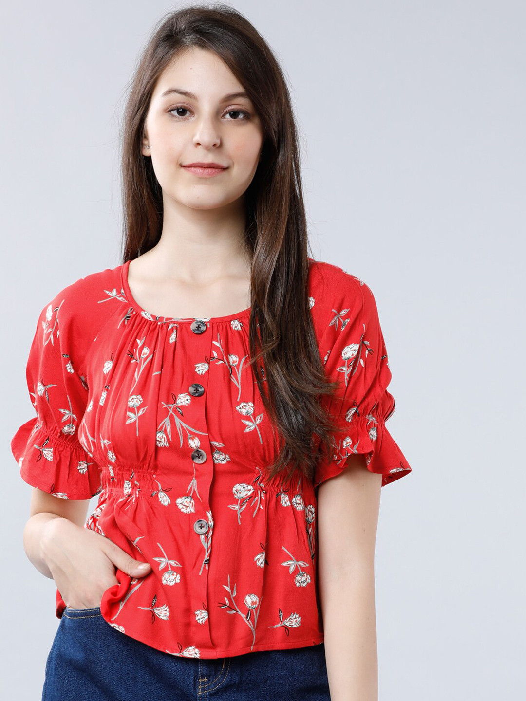 

Tokyo Talkies Women Red & Off-White Floral Printed Cinched Waist Top