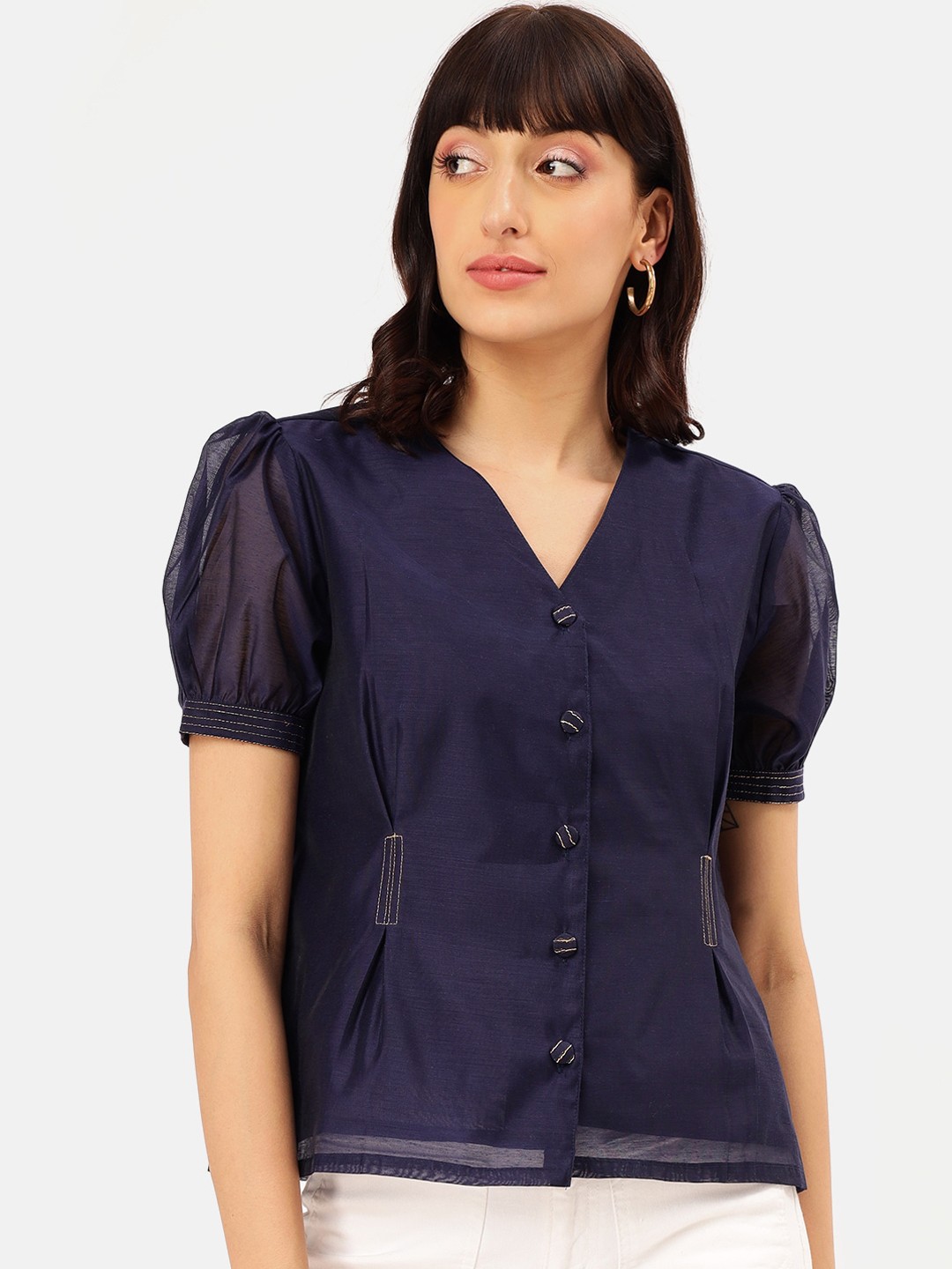 

Saaki Women Navy Blue Solid Shirt Style Top