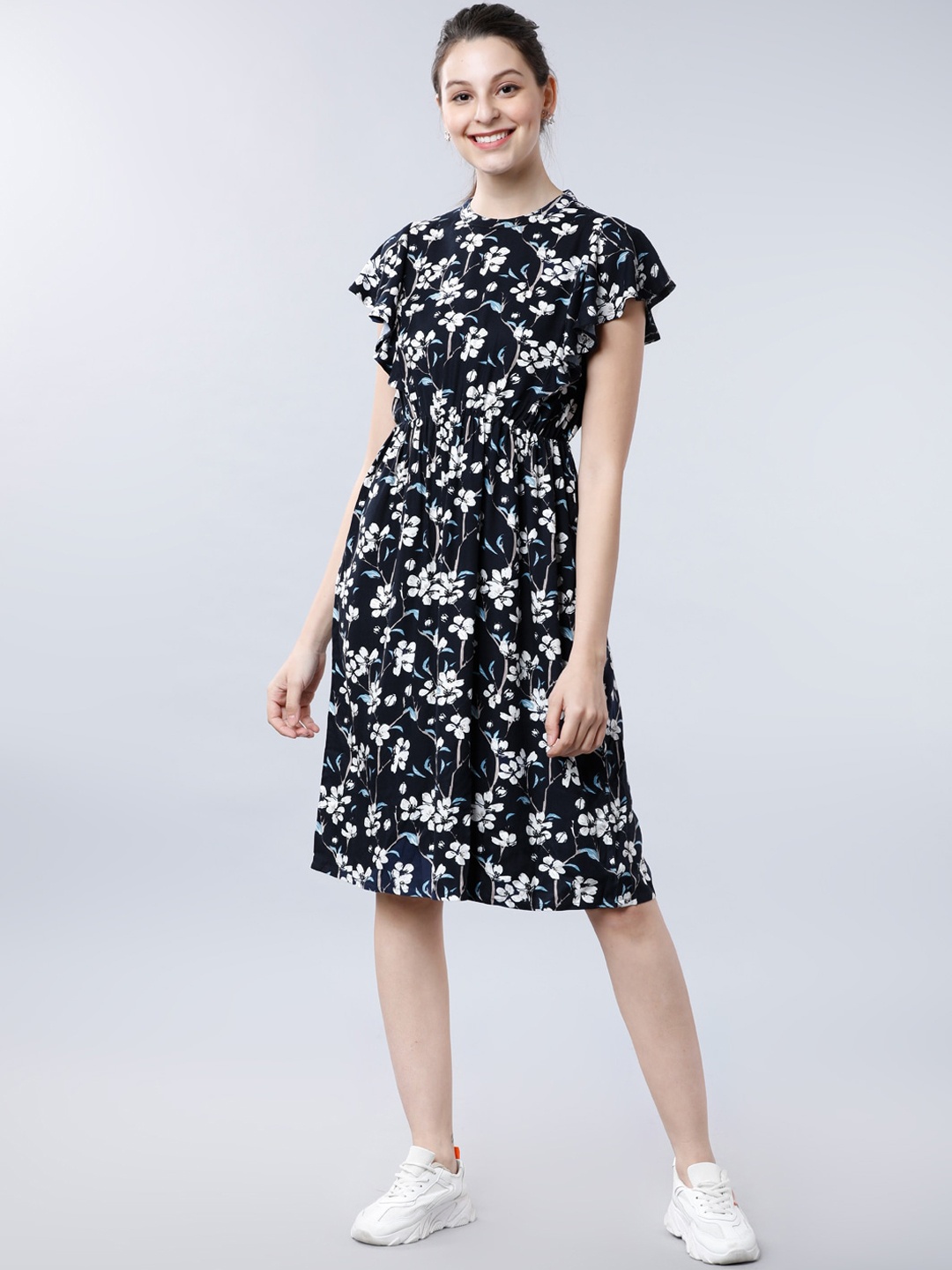 

Tokyo Talkies Women Navy Blue Floral Printed Fit and Flare Dress