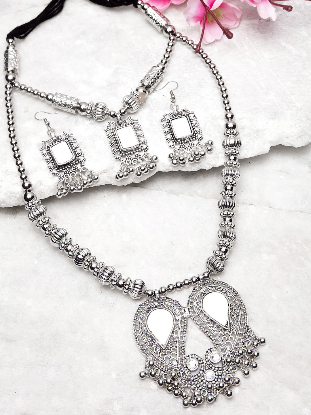 

Moedbuille Silver-Toned Mirror Studded Layered Bohemian Design Temple Jewellery Set