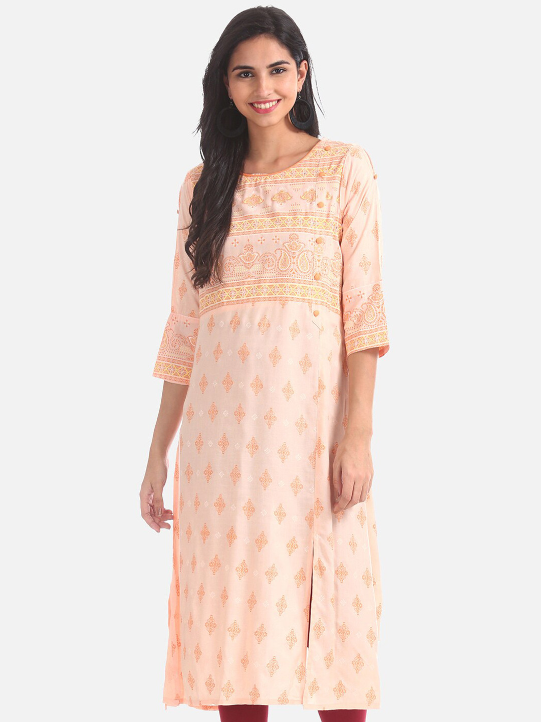 

Anahi Women Peach-Coloured & Yellow Embroidered Straight Kurta