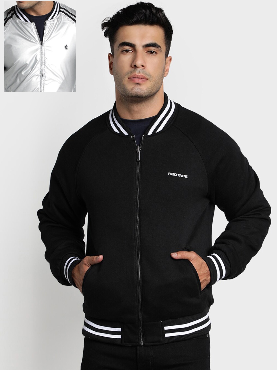 

Red Tape Men Black Solid Reversible Bomber Jacket