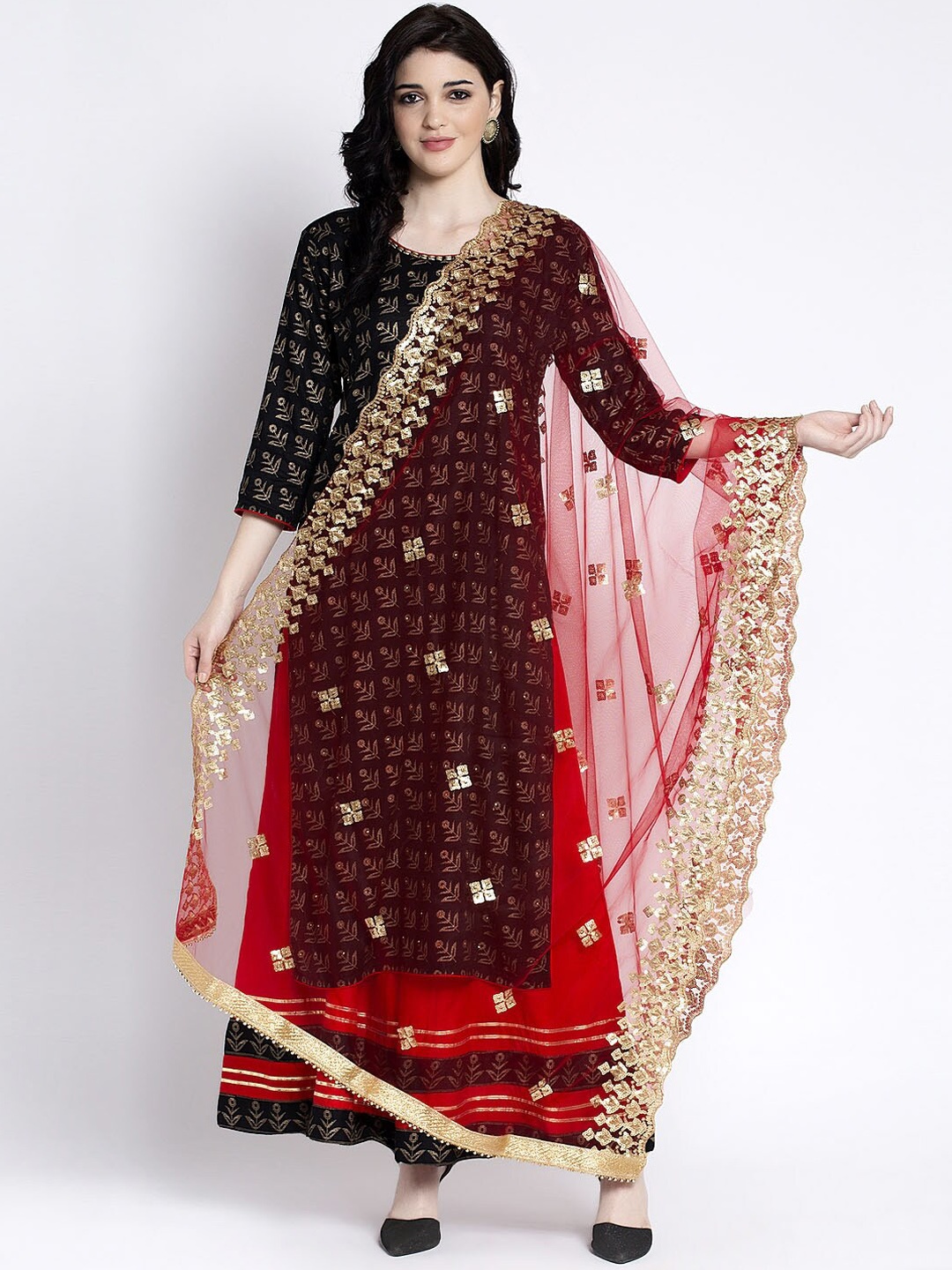 Clora Creation Women Red & Gold-Coloured Embroidered Dupatta