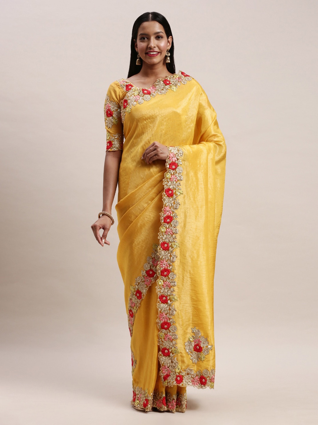 

Soch Mustard Yellow Solid Organza Saree