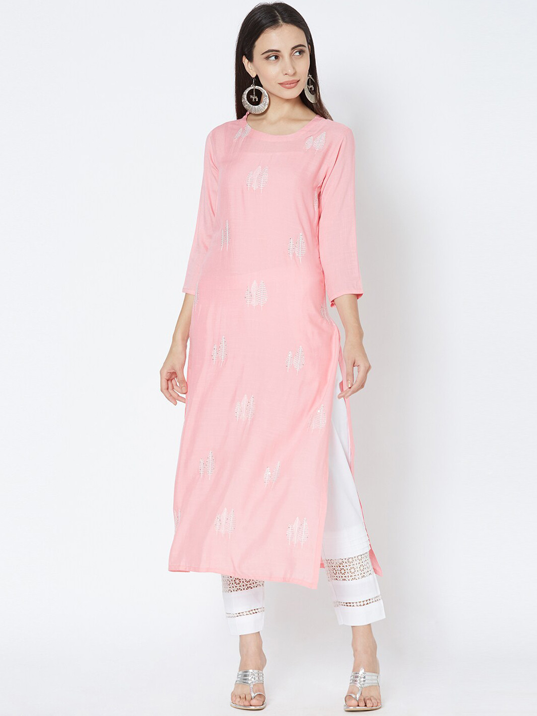 

FASHOR Women Pink & White Embroidered A-Line Kurta