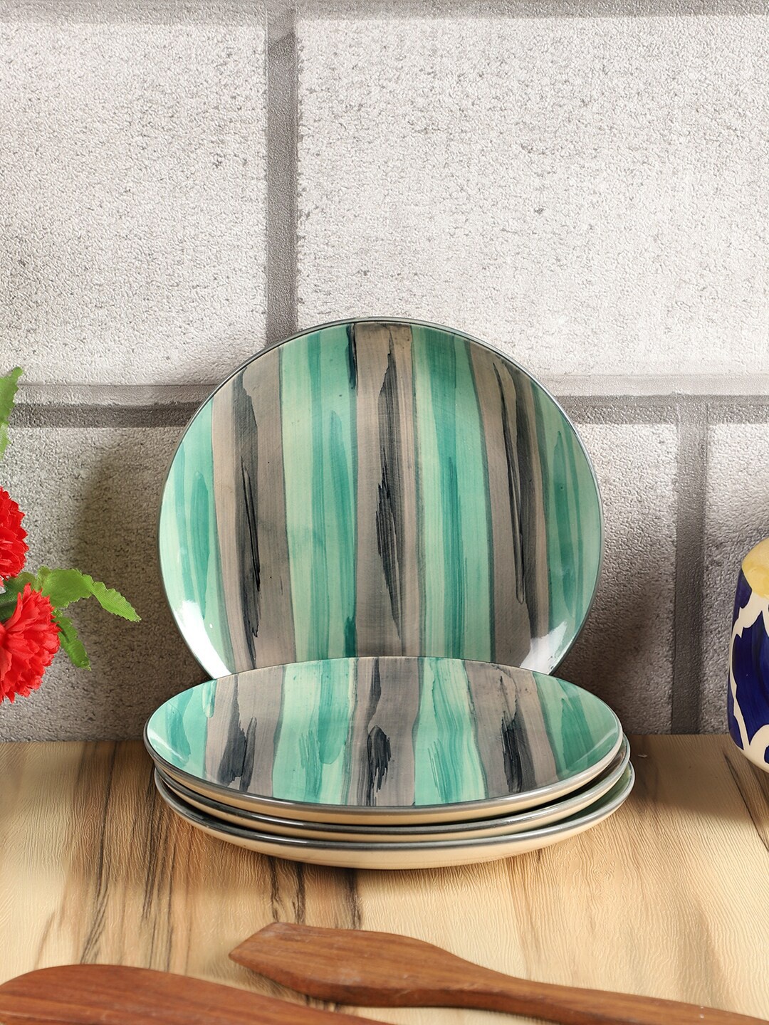 CDI Set of 4 Green & Grey Striped Ceramic Quarter Plates