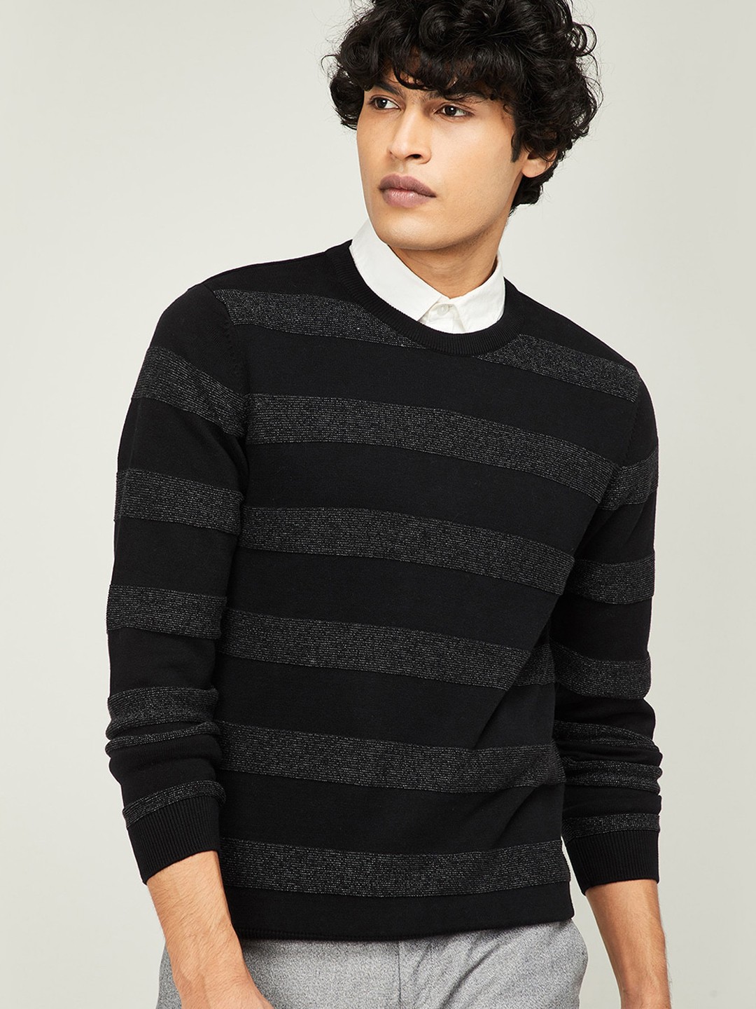 

CODE by Lifestyle Men Black & Grey Striped Pullover Sweater