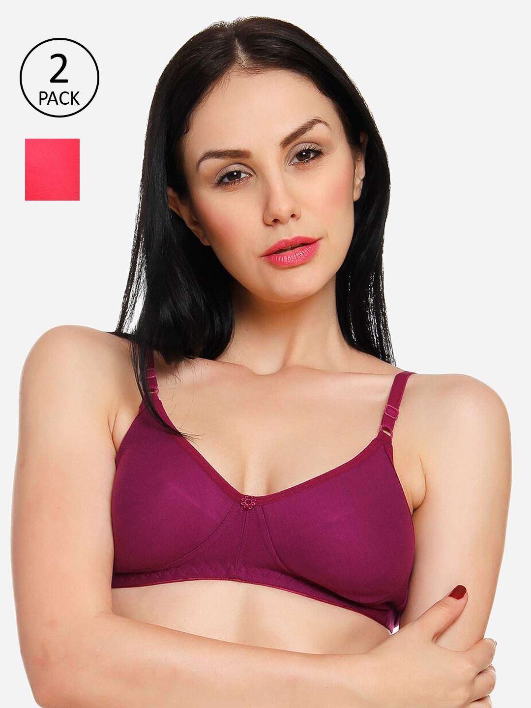 

Innocence Women Pack of 2 Solid Non-Padded Wireless T-shirt Bra BBAPLIN90794_38B, Coral