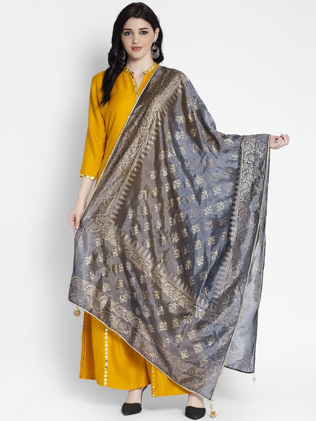 Clora Creation Women Grey & Gold-Coloured Printed Dupatta