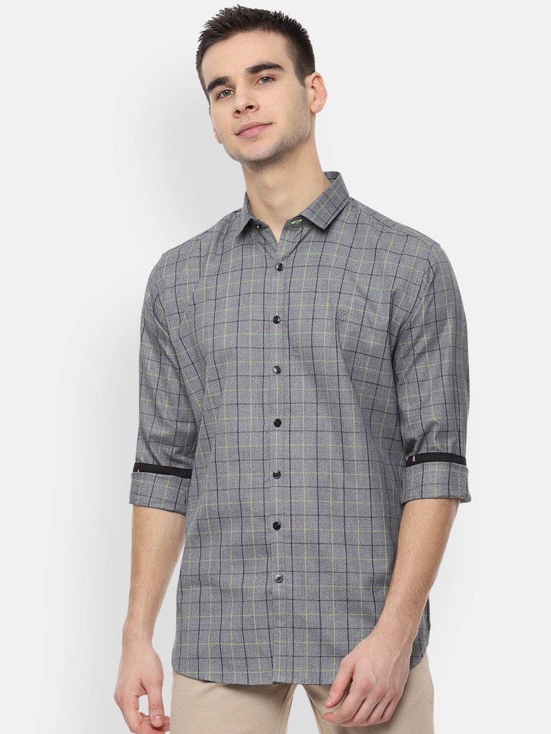 

V Dot Men Grey & Black Slim Fit Checked Casual Shirt