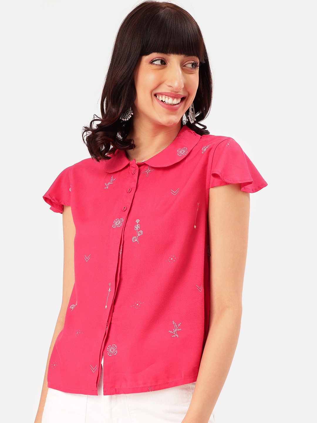 

Saaki Women Pink & White Printed Shirt Style Pure Cotton Top