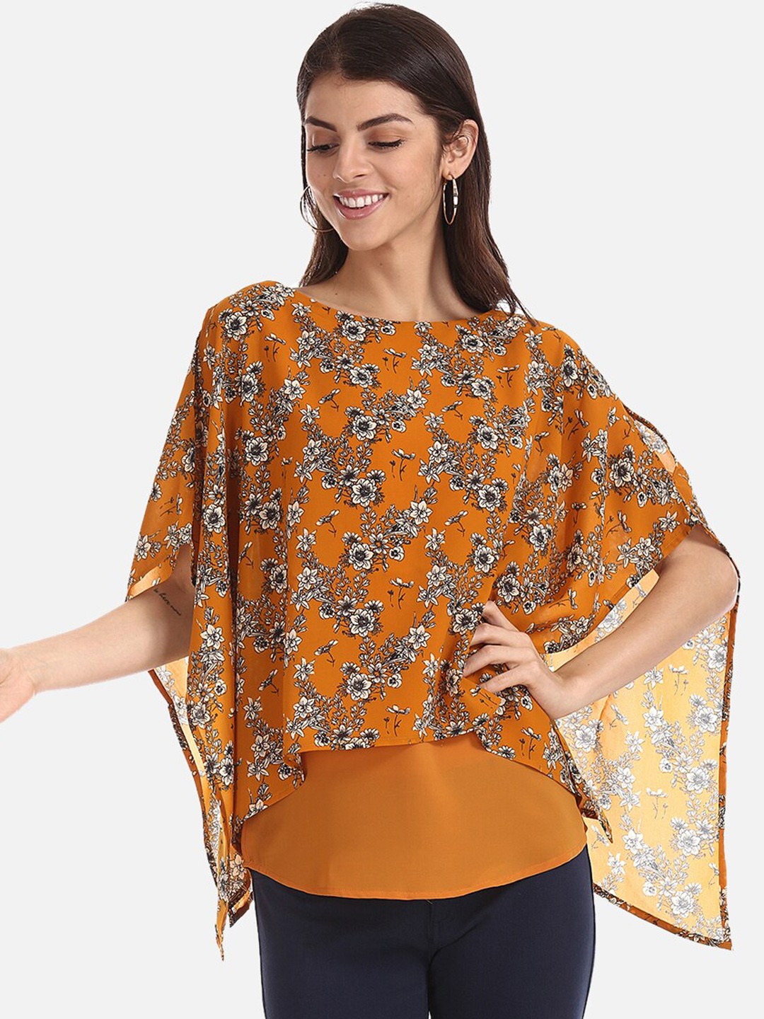 

Cherokee Women Mustard Yellow Printed Kaftan Top