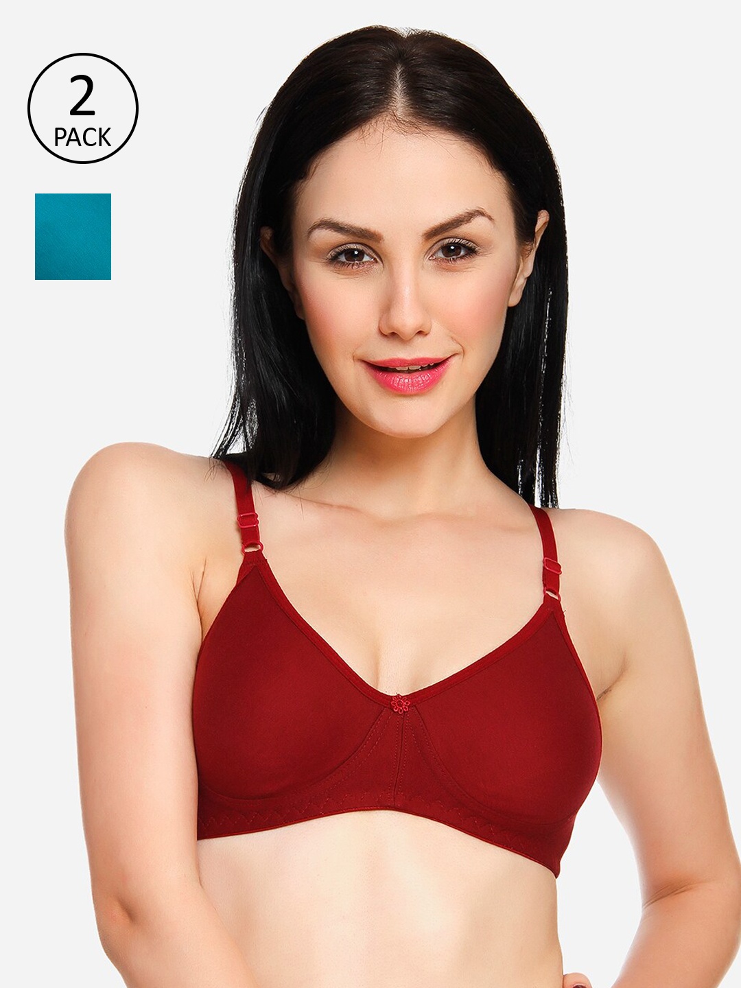 Innocence Women Pack of 2 Solid Non-Padded Wireless T-shirt Bra BBAPLIN90778_28B, Turquoise blue