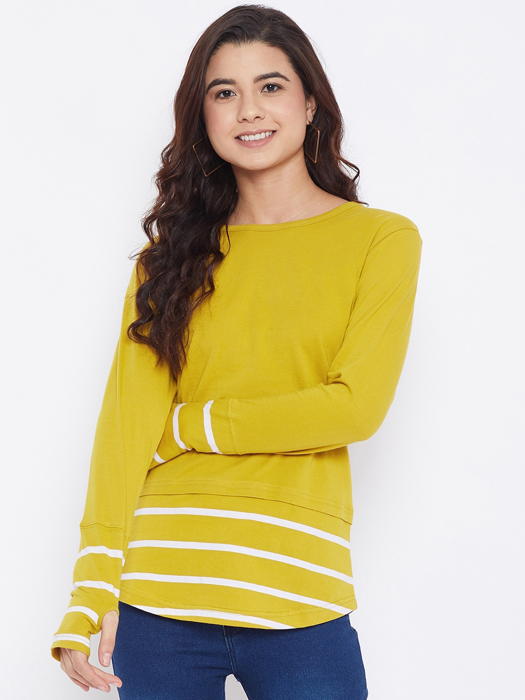 

Hypernation Women Yellow Striped Cotton Round Neck T-shirt