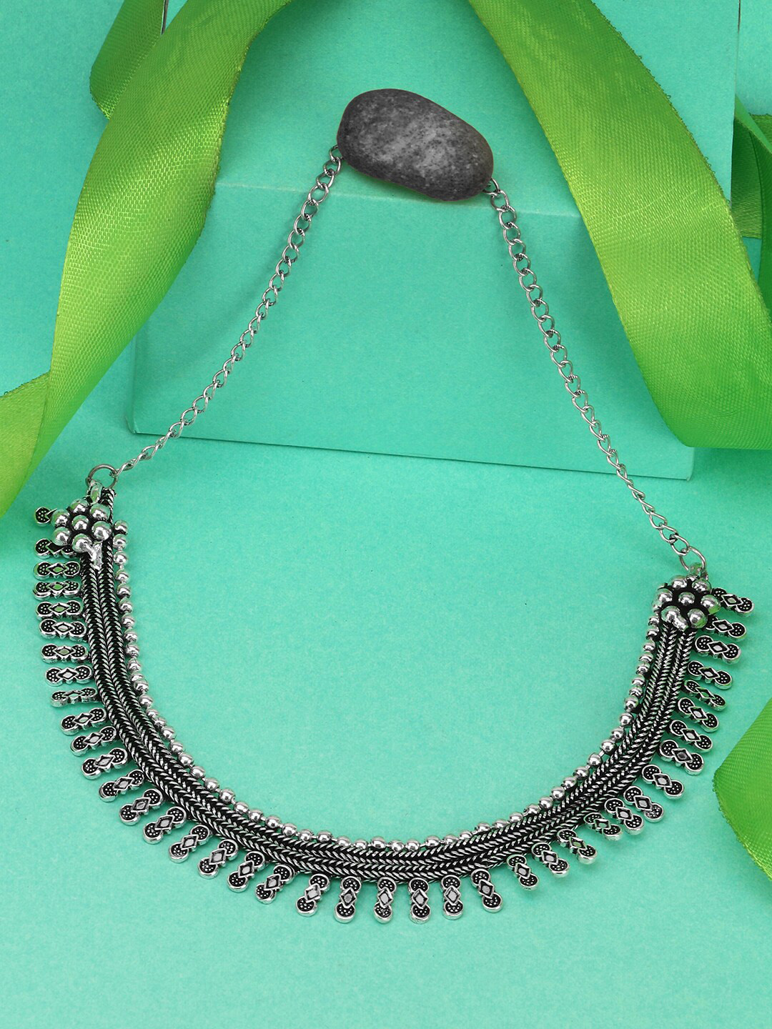 

Adwitiya Collection Silver-Toned & Black Oxidised Necklace