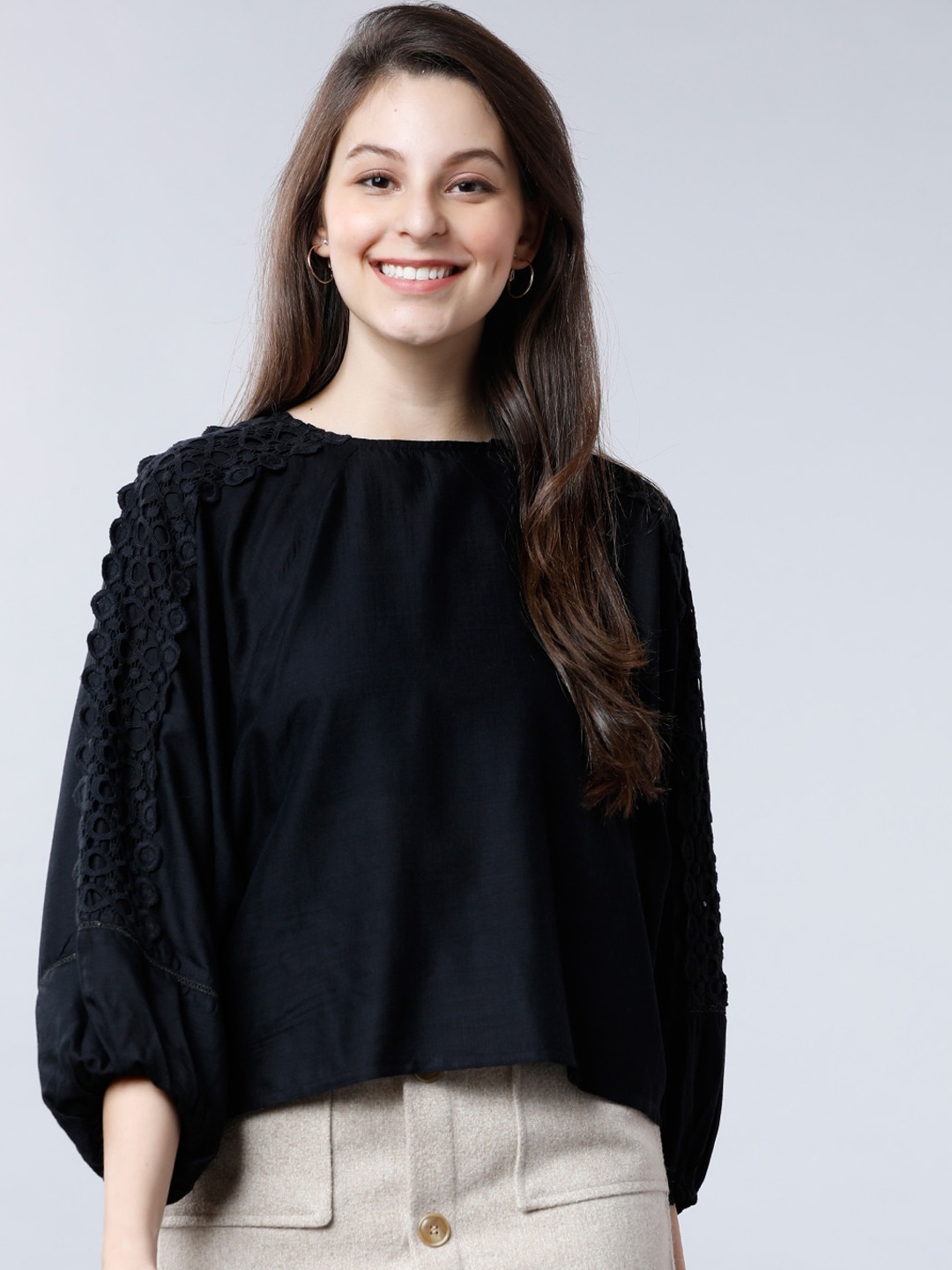 

Tokyo Talkies Women Black Self Design Top